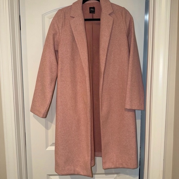 ZARA Soft Pink Wool Blend Long Coat | Pastel Minimalist Open Front Duster Small - Picture 6 of 11